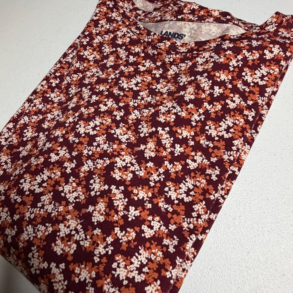 Lands End Top 2X Cotton Floral Long Sleeve Crew Neck Casual Tee Burgundy